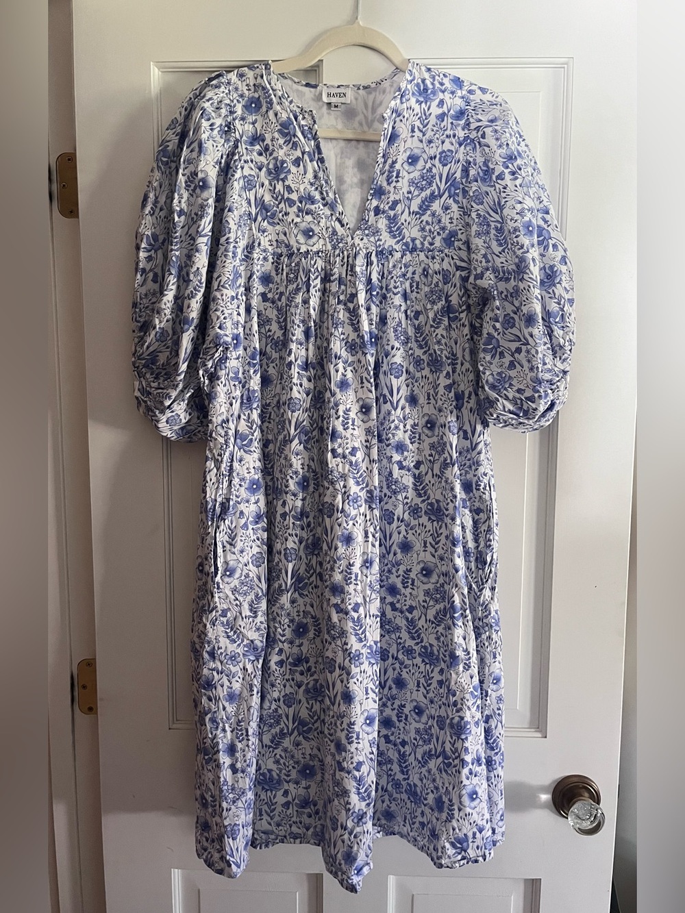 Haven Floral Puff Sleeve Midi Dress Blue White Cotton Size M